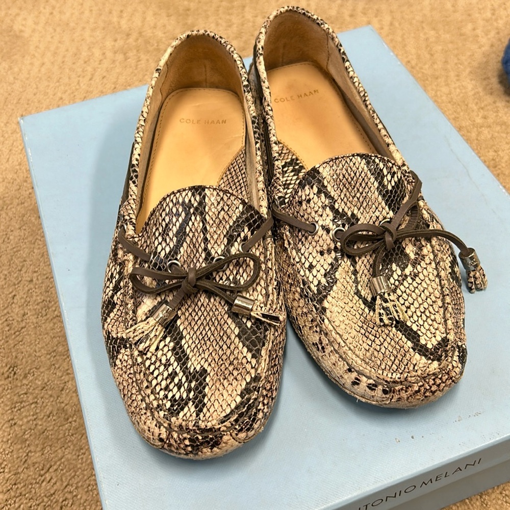 Cole Hasn snakeskin driving moccasins gently worn 7 1/2